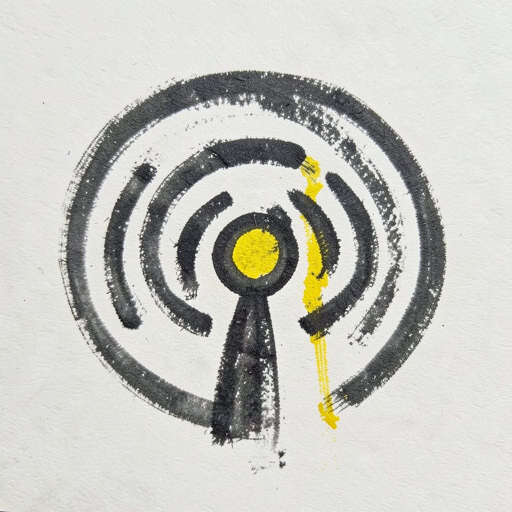 A bold charcoal drawing of an RSS icon with radiating signal arcs, dark grey on off-white paper, suggesting feed subscriptions.