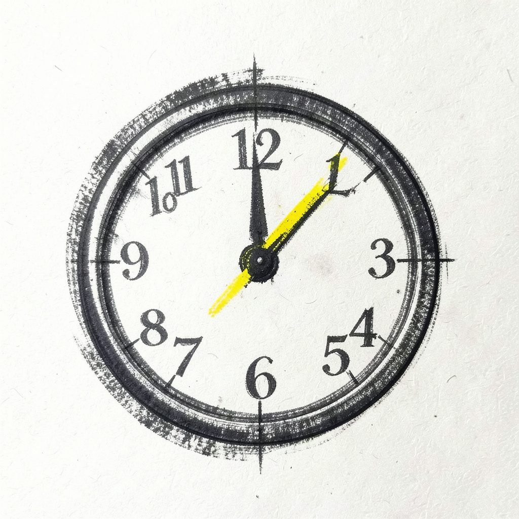 A bold charcoal sketch of a circular countdown timer with elegant numerals, dark grey strokes on textured off-white paper, conveying anticipation and precision.