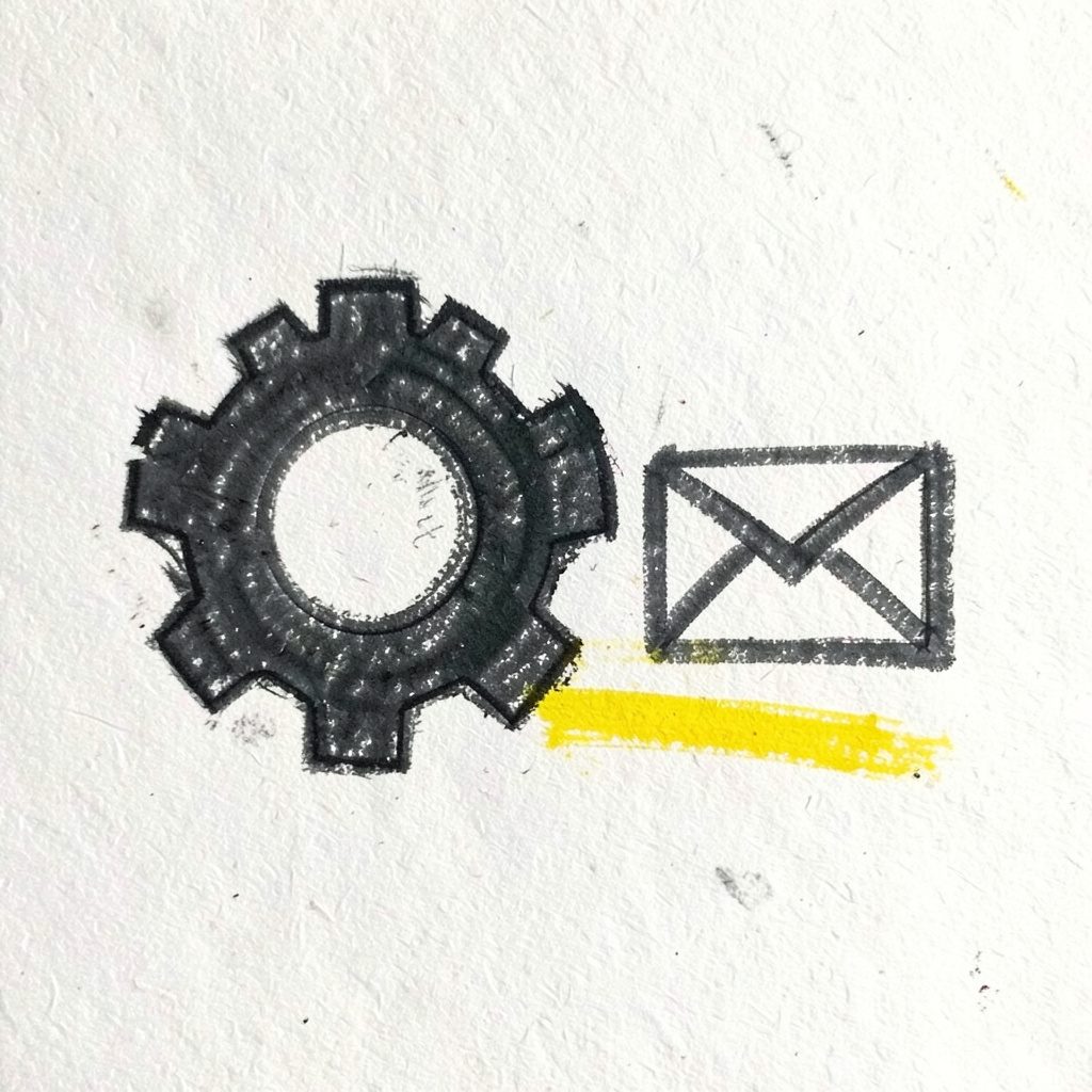 A bold charcoal sketch of a gear icon beside a mail symbol, dark grey strokes on textured off-white paper, evoking setup and configuration.