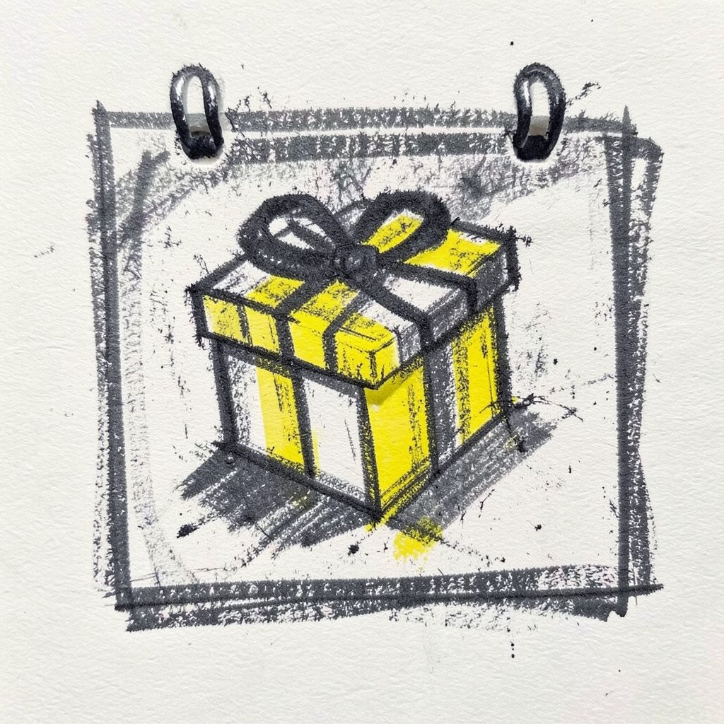 A bold charcoal sketch of a calendar page with a gift box, dark grey strokes on off-white paper, suggesting a promotional offer.