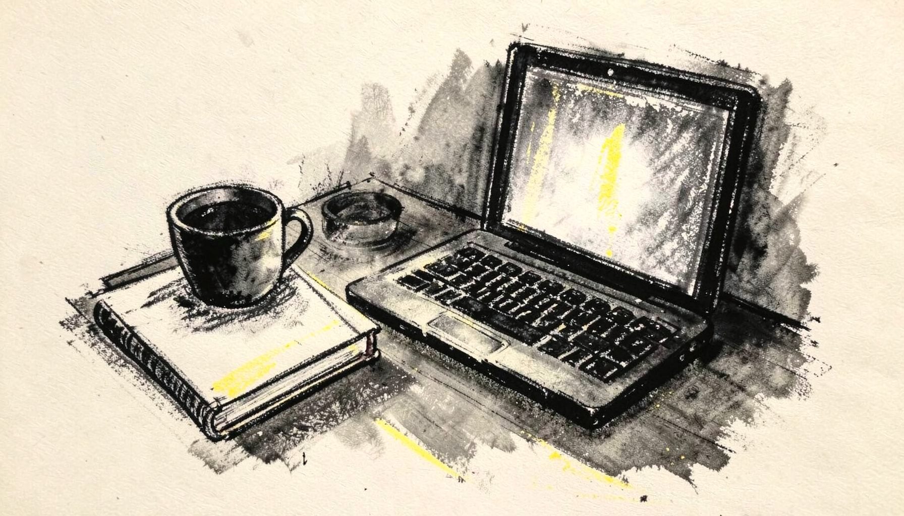 A bold charcoal drawing of a desk workspace with a notebook, coffee cup, and a laptop screen glowing softly, rendered in loose expressive strokes with deep blacks and smoky grays against a warm off-white paper background.