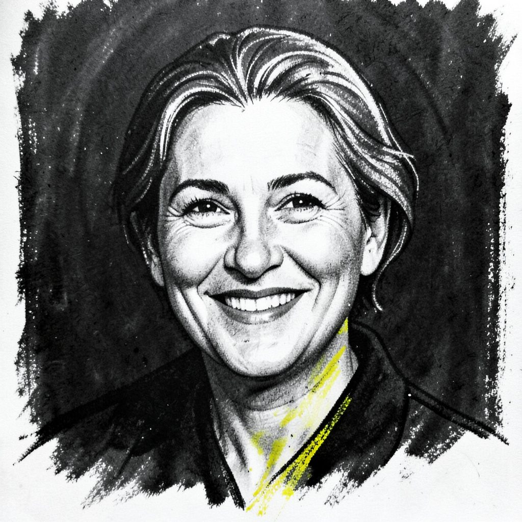 A bold charcoal portrait sketch of a friendly person with a warm expression, soft shading, and a simple dark background.