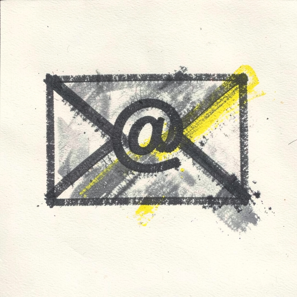 A bold charcoal drawing of an envelope with an @ symbol, dark grey on off-white paper, suggesting email communication.